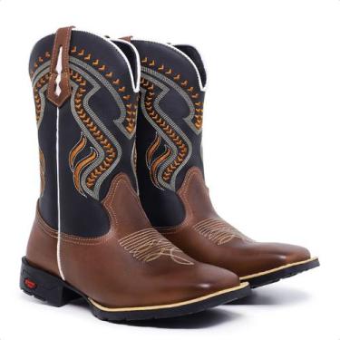 Imagem de Bota Texana Masculina Country Cano Medio Bordado Bico Quadrado Couro T