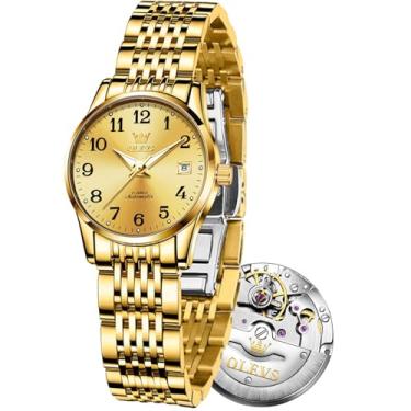 Imagem de Relógios Automáticos Femininos, Relógios de Pulso Femininos de Aço Inoxidável, Pulseira em Tom Dourado e Prata (Mostrador dourado/preto/verde/branco), Dourado, Round, Relógio feminino todo dourado