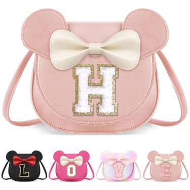 Imagem de izuzta Bolsa infantil para crianças 1 2 3 4 5 6 7 8 anos de idade bonito mouse orelha laço bolsa transversal presente de aniversário, Grande/bolsa rosa/letra branca, H, H