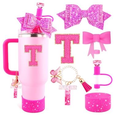 Imagem de Lingdeer Conjunto de acessórios de copo rosa rosa para Stanley Copo de 850 g e 1,134 g com alça, pingentes de letras, capas de canudo de arco e diamante, bota de silicone com glitter, adesivo