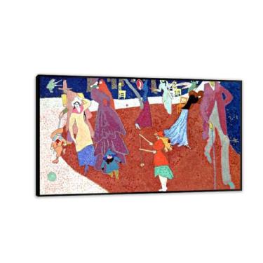 Imagem de MOBYAT Impressão em moldura preta Lyonl Feininger, pinturas a óleo famosas sobre tela, Diabolo Players I, arte de parede expressionismo, decoração de sala de estar 50 x 85 cm (20 x 33 polegadas)