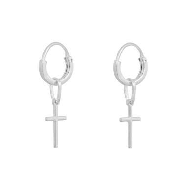 Imagem de Brinco Masculino E Feminino Argola Cruz Prata 925 Par 11 Mm