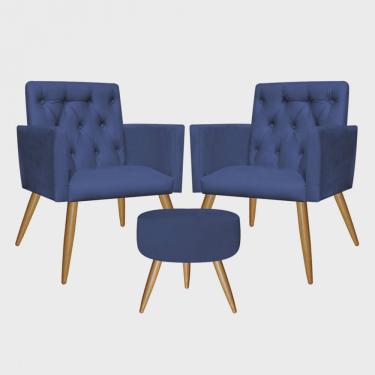 Imagem de Kit 2 Poltronas e Puff Redondo Nina Capitonê Pé Palito Suede Azul Marinho - Ahz Móveis
