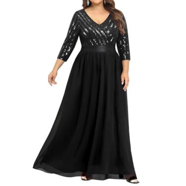 Imagem de Talisea Vestidos formais femininos plus size – Vestido longo maxi com gola V e manga 3/4 e lantejoulas, Preto, 26 Plus