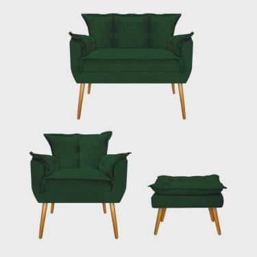Imagem de Kit Namoradeira + Poltrona e Puff Opala Suede Verde Com fibra siliconada -alto padrão