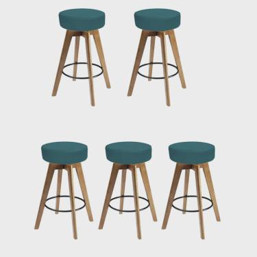 Imagem de Kit 05 Banqueta Alta Redonda Giratória Elsa Madeira Balcão Bistrô Cozinha Suede Azul Turquesa - Ahz Móveis