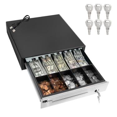 Imagem de HK SYSTEMS Gaveta para dinheiro SAFE40.6 cm "Aço inoxidável" frontal resistente POS "USB" Interface com 5Bill/5Coin (Preto) "Sem compatibilidade com o sistema Square POS por enquanto"