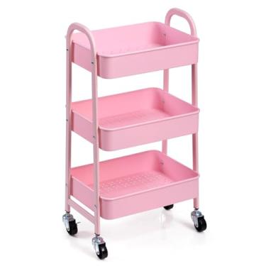 Imagem de AGTEK Carrinhos De 3 Andares Com Rodas, Carrinho Utilitário Estrutura Ferro Para Cozinha, Prateleiras Plástico, Sala Estar, Escritório, Rosa