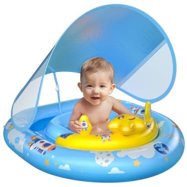 Imagem de WayEee Boia de piscina para bebês com cobertura FPS 50+ – Boia de natação inflável, assento de segurança ajustável, console de brinquedo, proteção solar para bebês de 6 a 36 meses, presente de verão