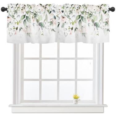 Imagem de Cortinas de cozinha florais de folhas de eucalipto verde sálvia para janelas primavera verão flores folha cortina de janela 137 x 45 cm saia curta com bolso para varão 1 painel para decoração de sala