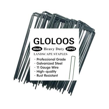 Imagem de Pacote com 25 grampos de paisagem galvanizados verdes de 10 cm, pinos de estacas de jardim de calibre 11, estacas antiferrugem, estacas de barraca em forma de U são usadas para barreira de ervas