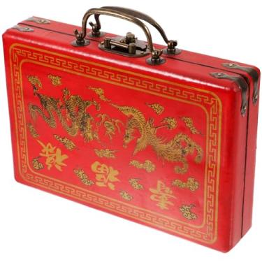 Imagem de Hemoton Red Dragon Phoenix Wooden Chinese Dominoes Box - Vintage Style Rectangle Storage Case with Handle for Sparrow Game​​ Tiles, Gift Idea for Chinese Tile Game​​ Enthusiasts