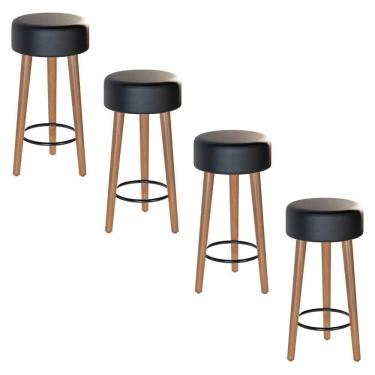Imagem de Kit 04 Banquetas Baixa Estofada Pés De Madeira Preto