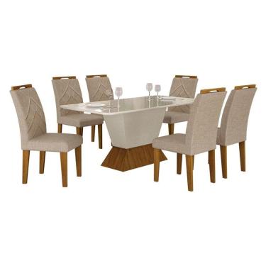 Imagem de Mesa de Jantar Larissa 180x90 Off White Freijó com 6 Cadeiras MDF Freijó Linho Palha - Leifer Móveis