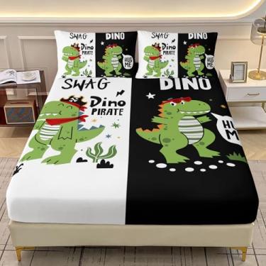 Imagem de AILONEN Jogo de cama infantil fofo de dinossauro, desenho de dinossauro verde, para meninos, meninas, preto e branco, 3 peças, 1 jogo de lençol e 2 fronhas, microfibra macia