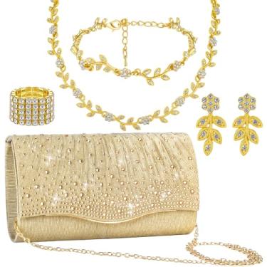 Imagem de Blosssound 5 peças de ouro clutch para mulheres bolsas de formatura strass conjunto de joias bolsa de mão brilhante colar brincos pulseiras acessórios casamento formal noiva aniversário formatura
