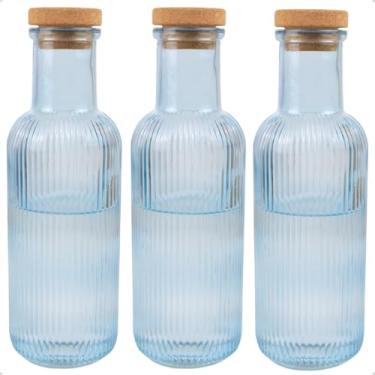 Imagem de Kit 3 Garrafas de Vidro Canelado para Água Suco 1 Litro Colorida Grace com Tampa Rolha (Azul)