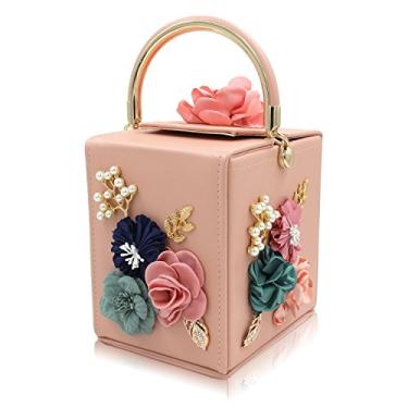 Imagem de Milisente Bolsa clutch para noite feminina floral quadrada bolsa de mão de ombro transversal bolsa clutch flor casamento, Rosa claro, Medium
