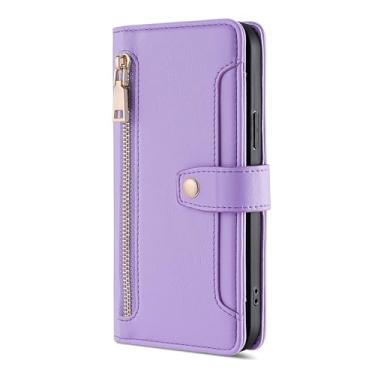 Imagem de LYJSMGZ Capa carteira com zíper para iPhone 16E, capa flip de couro liso com compartimentos para cartões, capa de telefone com borda macia, capa de proteção completa, roxa, 16E