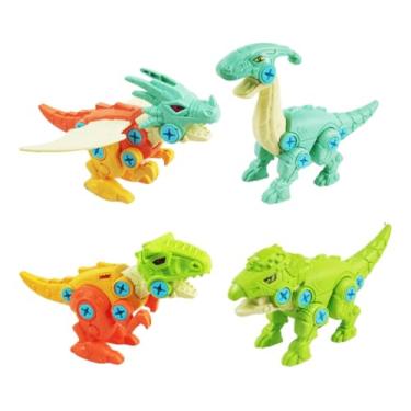 Imagem de Kit de Dinossauros de Montar Brinquedo Educativo com 4 Dinossauros Coloridos Mais Ferramenta de Montagem