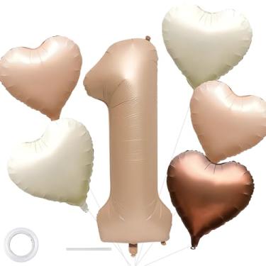 Imagem de Balões de aniversário número 1 caramelo de 101,6 cm marrom claro grande folha hélio mylar número balão com balões de coração para decoração de primeiro aniversário de um ano menina menino 1º