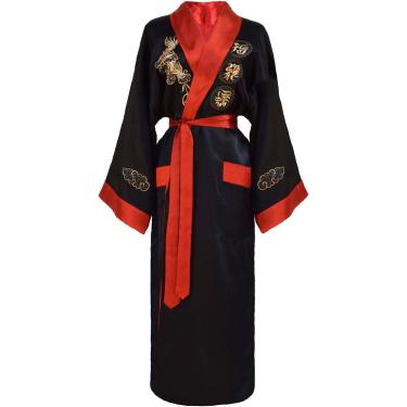Imagem de Reversível Bordado Japonês Kimono Robe Sleepwear Roupão Feminino, Black/Red, XL