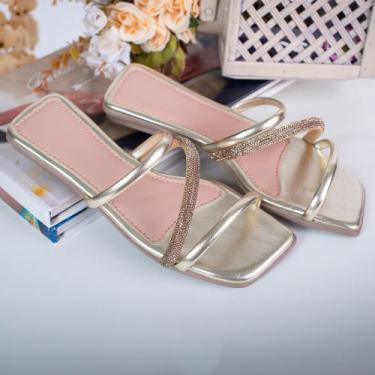 Imagem de Rasteira Rasteirinha feminino Sandália tiras com strass  solado quadra