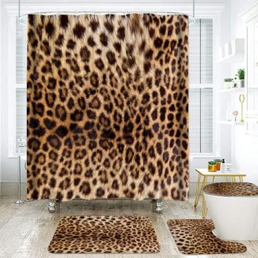 Imagem de Onalasyc Conjunto de cortina de chuveiro com estampa de leopardo, 4 peças, com carpete e acessórios, preto marrom pele selvagem impermeável conjunto decorativo com 12 ganchos 180 x 180 cm