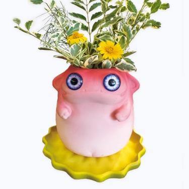 Imagem de NiuZi-cao Adorável vaso de monstro rosa com bandeja de lótus – Vaso de flores para suculentas, armazenamento 2 em 1 e decoração de mesa, bandeja de gotejamento removível ou prato de joias, perfeito