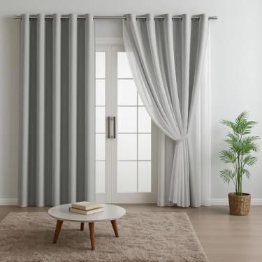 Imagem de Cortina de Microfibra c/Voil Branco e Forro 3,00 x 2,50 Decoração Quarto, Sala, Escritório, Janela(CINZA)