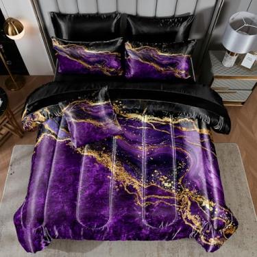Imagem de Conjunto de edredom de cetim roxo, Queen, pedra de mármore roxo, decoração de quarto, arte abstrata, seda como seda, em uma bolsa com edredom e lençóis