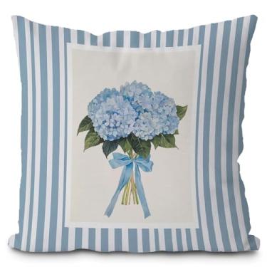 Imagem de Likjad Capas de almofada florais de hortênsia azul 45,7 x 45,7 cm, decoração de quarto feminino elegante, listras azuis de outono, buquê de hortênsia, capas de almofadas decorativas para quarto de