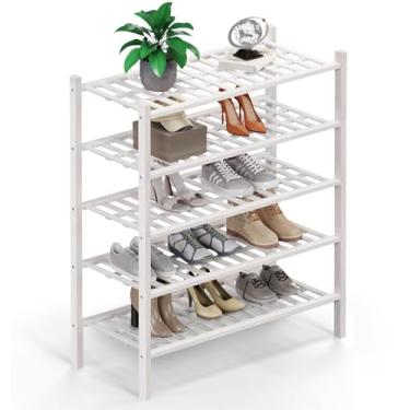 Imagem de Haddockway Organizador de armazenamento de sapatos de bambu de 5 níveis, prateleira empilhável multifuncional com painel de grade para armário, corredor, entrada, espaço pequeno 68 x 28 x 81 cm