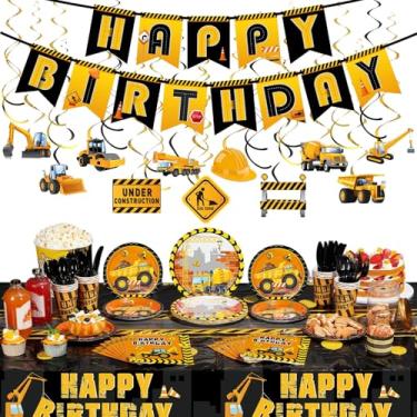 Imagem de Ctosree 179 Pieces Construction Birthday Party Supplies Dump Truck Party Decorations for Boys Kids Included Banner Tablecloth Hanging Swirls Plates Cups Napkins Forks Spoons Knife Tableware Set for 24