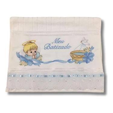 Imagem de Toalha  de lavabo Bordada em Azul Meu Batizado - DaniBordados, Branco