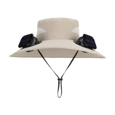 Imagem de Anti-UV 2 Fãs Chapéu Solar Carregamento Ar Refrigerador Ventilador Sun Hat Wide Brim Bucket Hat Para Homens Pescadores Chapéu verão Cooler Sun Cap,Beige