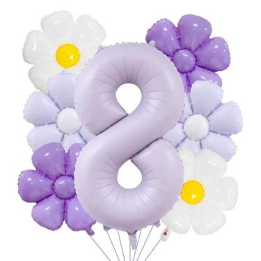 Imagem de Conjunto de balões de margarida roxa número 8 de 101 cm, decorações de aniversário de 8 anos para meninas, kit de suprimentos de decoração de festa de margarida (roxo 8)