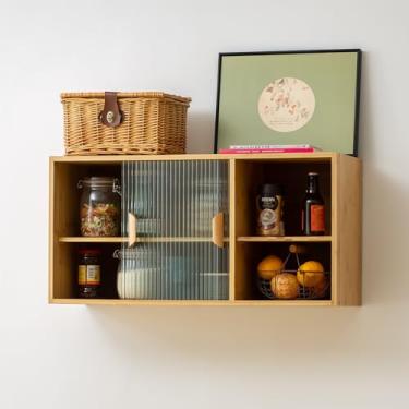 Imagem de Furlide Armário de armazenamento de bancada de bambu montado na parede com porta de vidro, armário de cozinha suspenso com prateleiras ajustáveis, aparador de despensa pequeno para sala de jantar