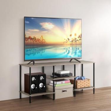 Imagem de BTY Suporte de TV de 3 níveis para sala de estar, mesa de console de TV industrial com armazenamento, suporte pequeno de madeira de 127 cm, com prateleiras de armazenamento abertas para quarto, espaço