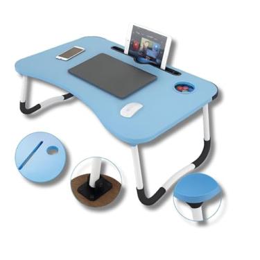 Imagem de Mesa Dobrável Portátil Para Notebook | Com Suporte Para Celular e Porta-Copos | Ideal Para Cama, Sofá e Escritório (Azul)