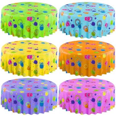 Imagem de Oudain 6 peças de toalhas de mesa de festa neon brilham para festas, 213 cm, capas de mesa de plástico descartáveis redondas para aniversário, chá de bebê, anos 80, 90, decoração de artigos de festa