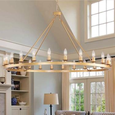Imagem de JKLX Lustre de roda grande dourado de 122 cm, luminária de teto alto redonda industrial com 24 luzes para varanda externa, hall de entrada, sala de jantar, sala de estar