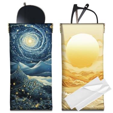 Imagem de CREATCABIN Estojo fino de óculos de sol de couro com 2 peças, bolsa para óculos de sol, céu estrelado, nascer do sol, bolsa para viagem, portátil, apertar, impermeável, com pano de limpeza macio