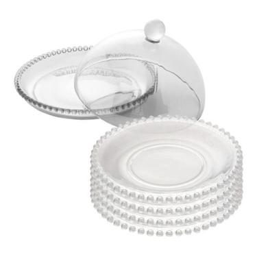 Imagem de Queijeira Porta Queijo Frios + 4 Pratos Sobremesa Vidro 20cm - Wolff, 