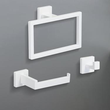 Imagem de Conjunto de acessórios para banheiro creme branco, barra de toalha de aço inoxidável para montagem na parede, anel de toalha, suporte de papel, ganchos, conjunto de acessórios para banheiro, 3 peças