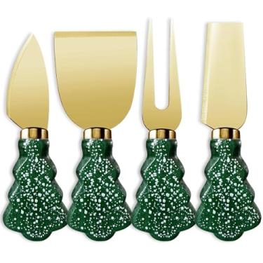 Imagem de Linwnil Conjunto de 4 facas de queijo para árvore de Natal - Facas de aço inoxidável dourado com alças de madeira festivas para tábua de charcutaria, presentes de Natal