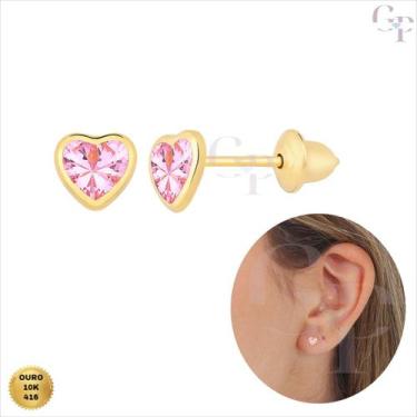Imagem de Brinco Ouro 10k Formato de Coração Zircônia Rosa Transparente 4mm Infa