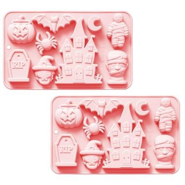 Imagem de 2 peças de moldes de chocolate de Halloween, moldes de silicone para bolos com tema de Halloween 3D com orifício para pendurar para muffin, sabonete, vela, cubo de gelo
