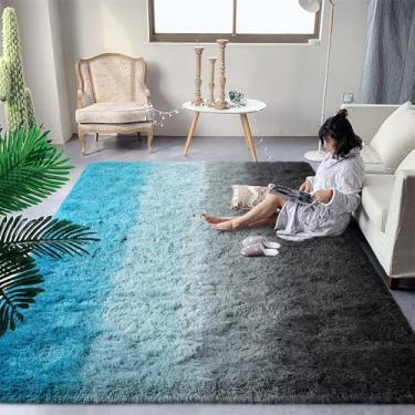 Imagem de DweIke Tapetes infantis fofos de luxo para sala de estar, quarto, 20 x 25 cm, grande, felpudo preto e azul, para meninas e meninos, tapete felpudo de pelúcia antiderrapante e lavável para decoração de