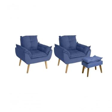 Imagem de Kit 02 Poltrona/cadeira Decorativa E Puff Glamour Opala Com Pés Quadrado Azul Marinho